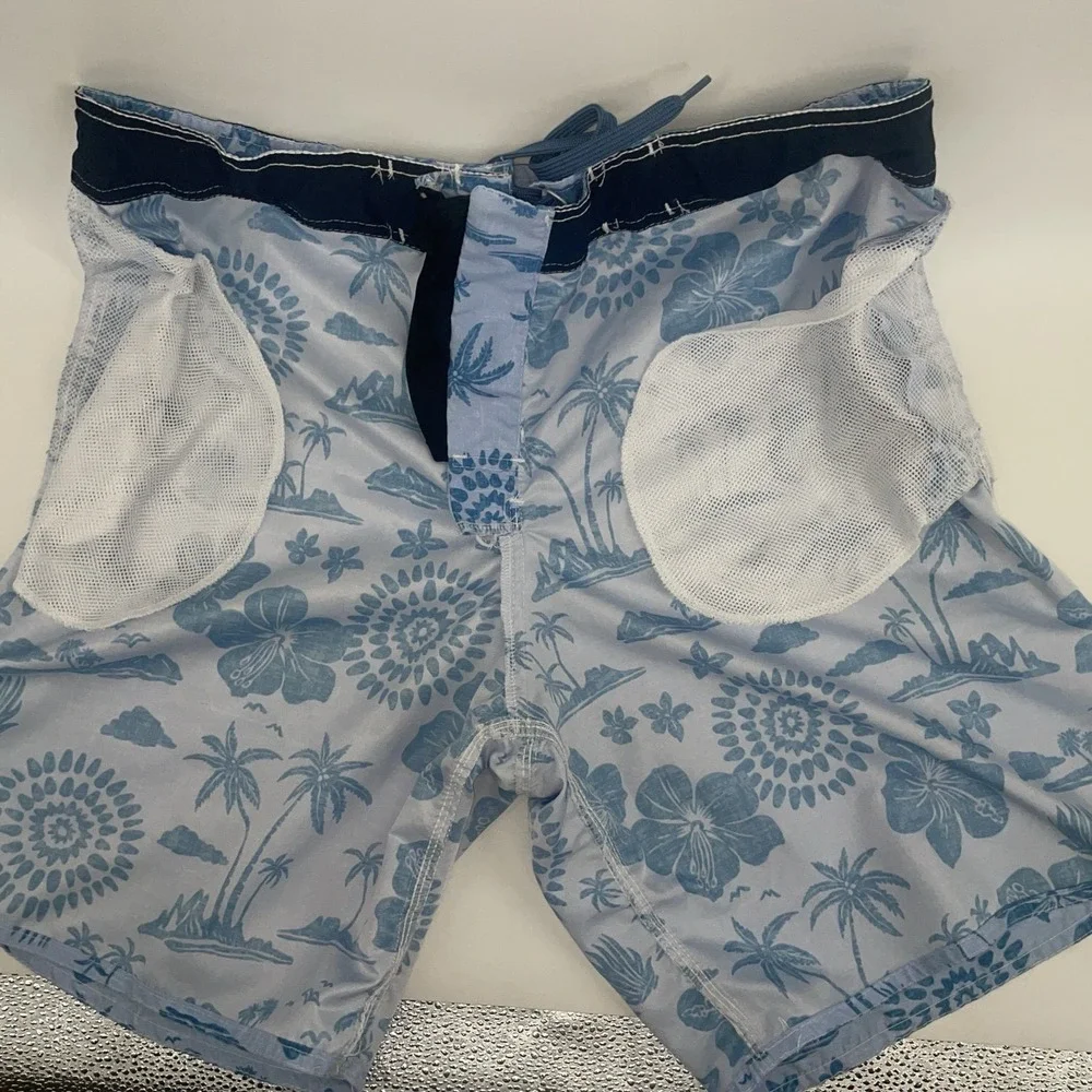 RS Surf Board Shorts Mens Medium‎ Blue Tropical Palm Swim Trunks Surf Coastal